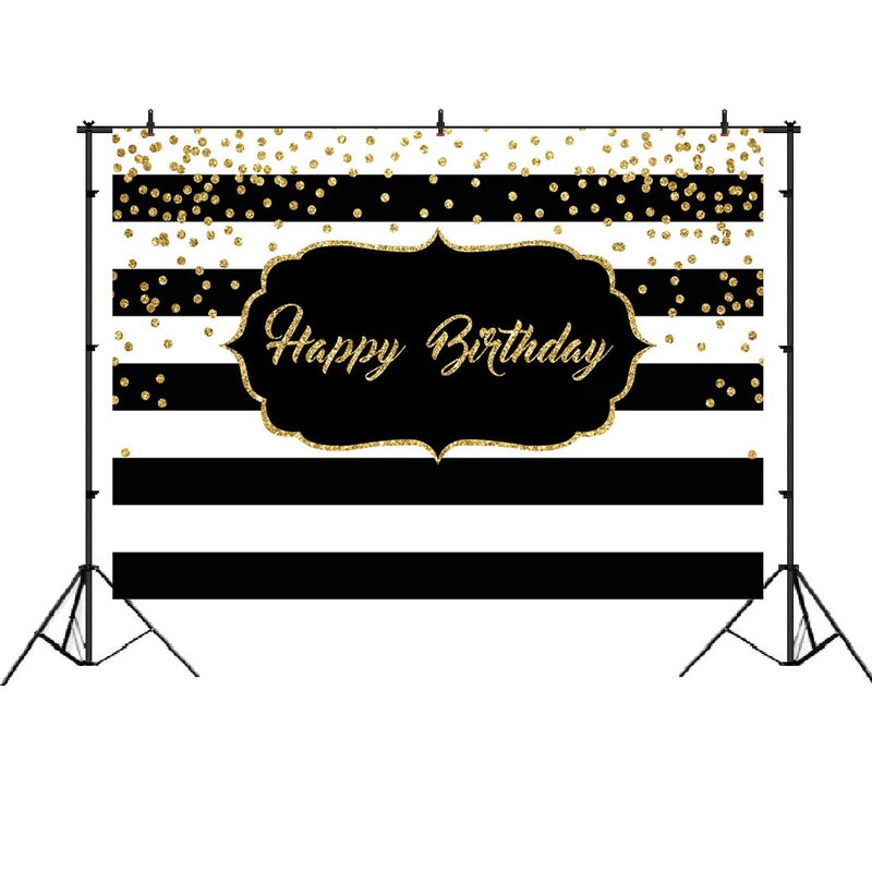 LoveInM Black and White Stripes Happy Birthday Backdrop Gold Shining Dots Birthday Party Photography Background for Adults Sweet Birthday Party Photo Banner Props 7x5ft - Image 2